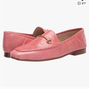 SAM EDELMAN | Loraine Coral Pink Patent Leather Croc Style Loafer with Gold Bit
